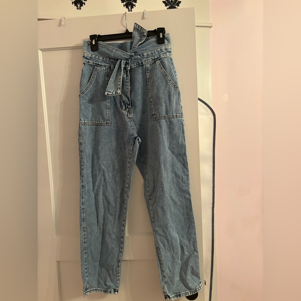Denim tie belt knotted jeans mom jeans straight leg
